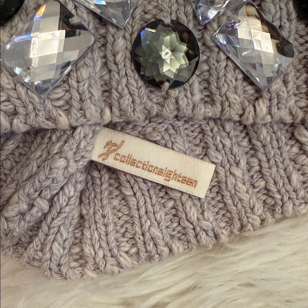 Gray Knit Beanie Winter Hat with Gem Accent - Picture 3 of 4